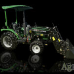 Side profile of the AK404R 40HP tractor in a glossy black showroom