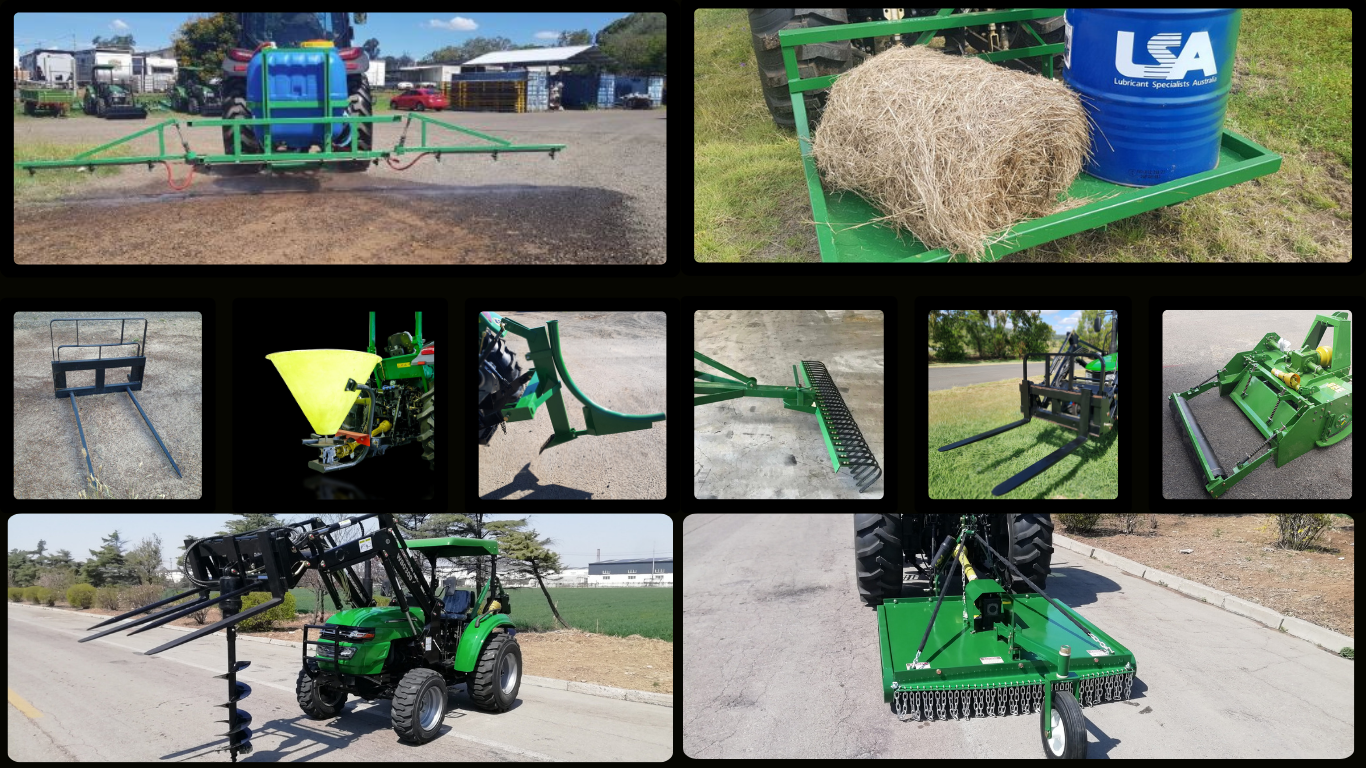 Collage of AgKing tractor implements suited to hobby farms, including a boom sprayer, hay bale spike, carry-all tray, fertiliser spreader, stick rake, tine harrows, slasher, post hole auger and pallet forks
