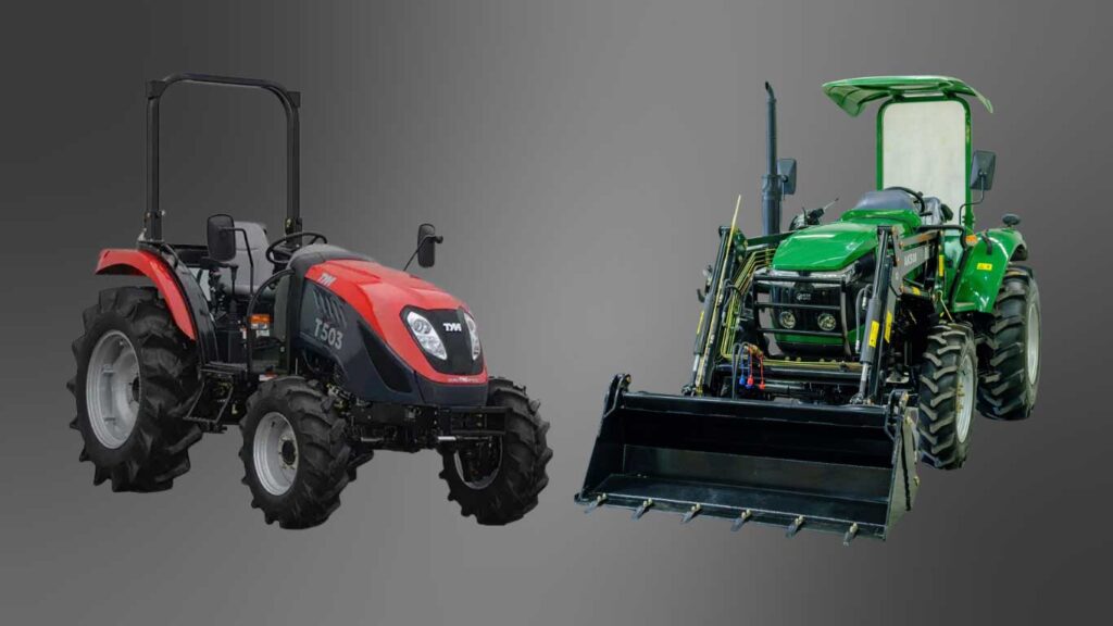 Side-by-side comparison of a red TYM T503 tractor and a green Enfly DG554 tractor with front loader attachment on a grey studio background